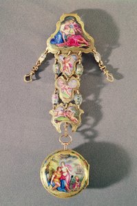 Klockan och chatelaine föreställande Dido och Aeneas, ca 1785 (guld och emalj)